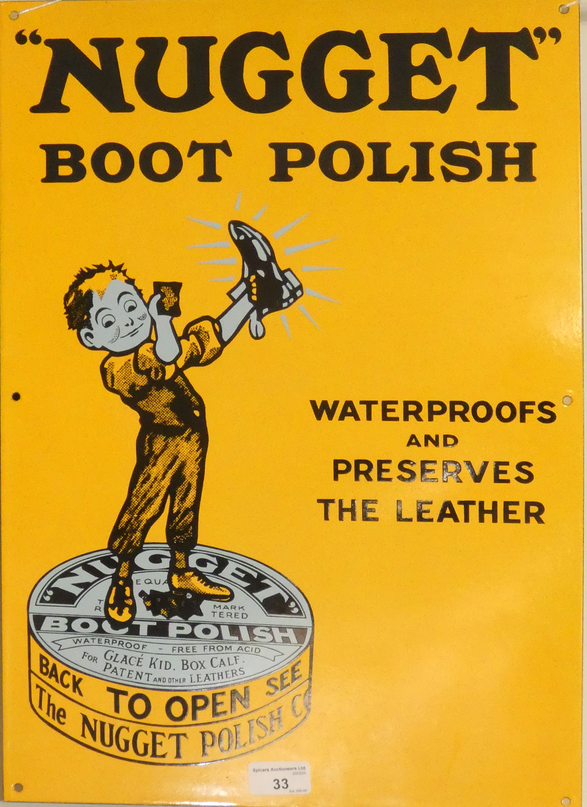 A vitreous enamel single sided advertising sign, Nugget Boot Polish, 52 x 35 cm. Provenance;