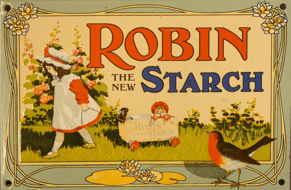 A vitreous enamel single sided advertising sign, Robin the new Starch, 17 x 26 cm. Provenance;