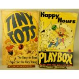 A pair of tinplate advertising signs for 'Tiny Tots' and 'Happy Hours with Playbox', together with a