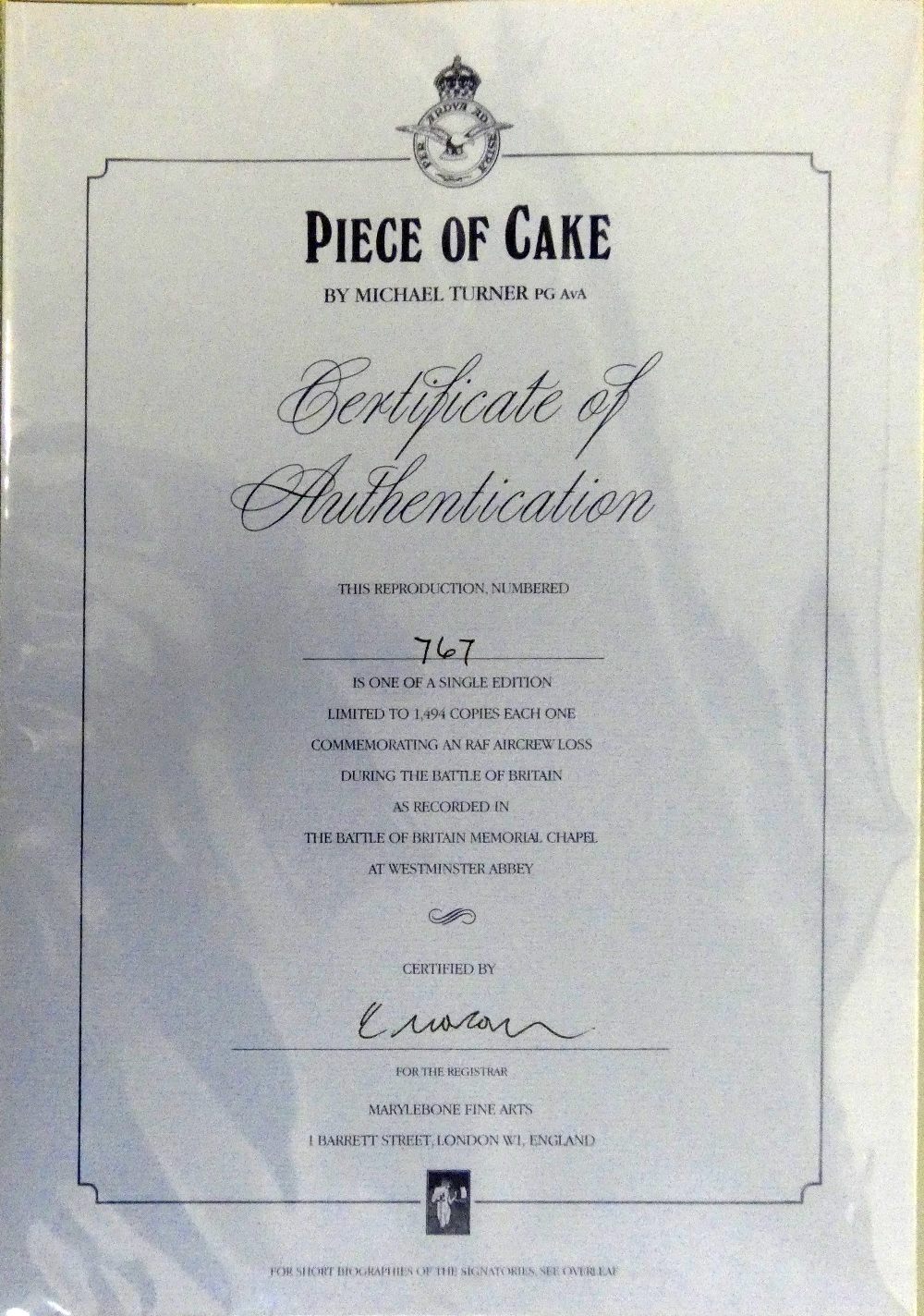 Piece of Cake by Michael Turner, limited edition print No. 767/1494, signed by Ginger Lacey, DFM - Image 4 of 4