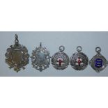 Five hallmarked silver fobs including Hull coat of arms, two Yorkshire Amateur Swimming Association,