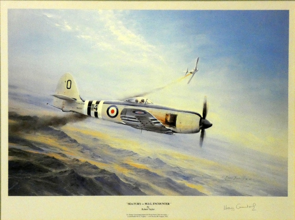 Four framed prints of Naval and RAF Aircraft, "SeaFury - MIG Encounter" by Robert Taylor signed by - Image 21 of 24