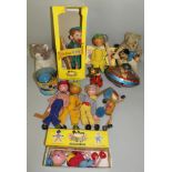 A collection of vintage toys and puppets, to include a tinplate 'sing a song of sixpence' spin