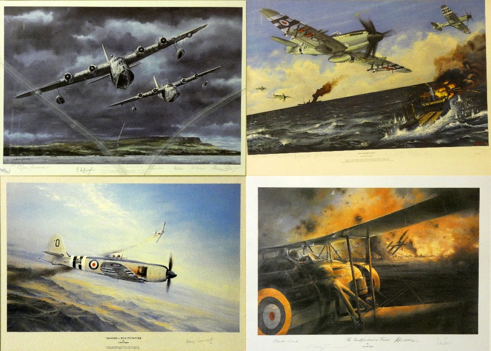 Four framed prints of Naval and RAF Aircraft, "SeaFury - MIG Encounter" by Robert Taylor signed by