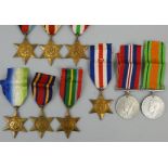 WWII medals including Stars for 1939-45, Atlantic, Africa, Pacific, Burma, France and Germany,