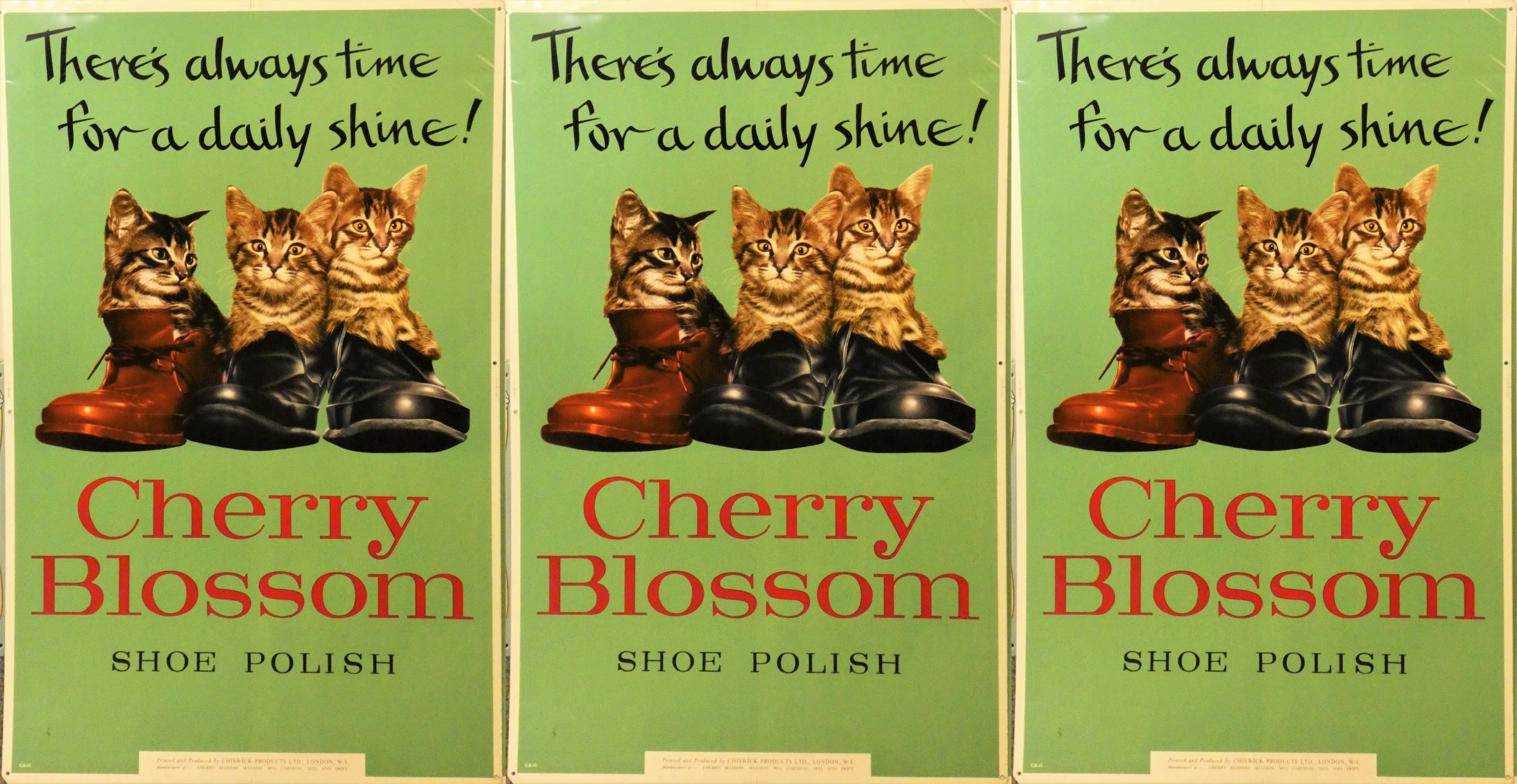 Three tin printed single sided advertising signs, Cherry Polish, printed and produced by Chiswick