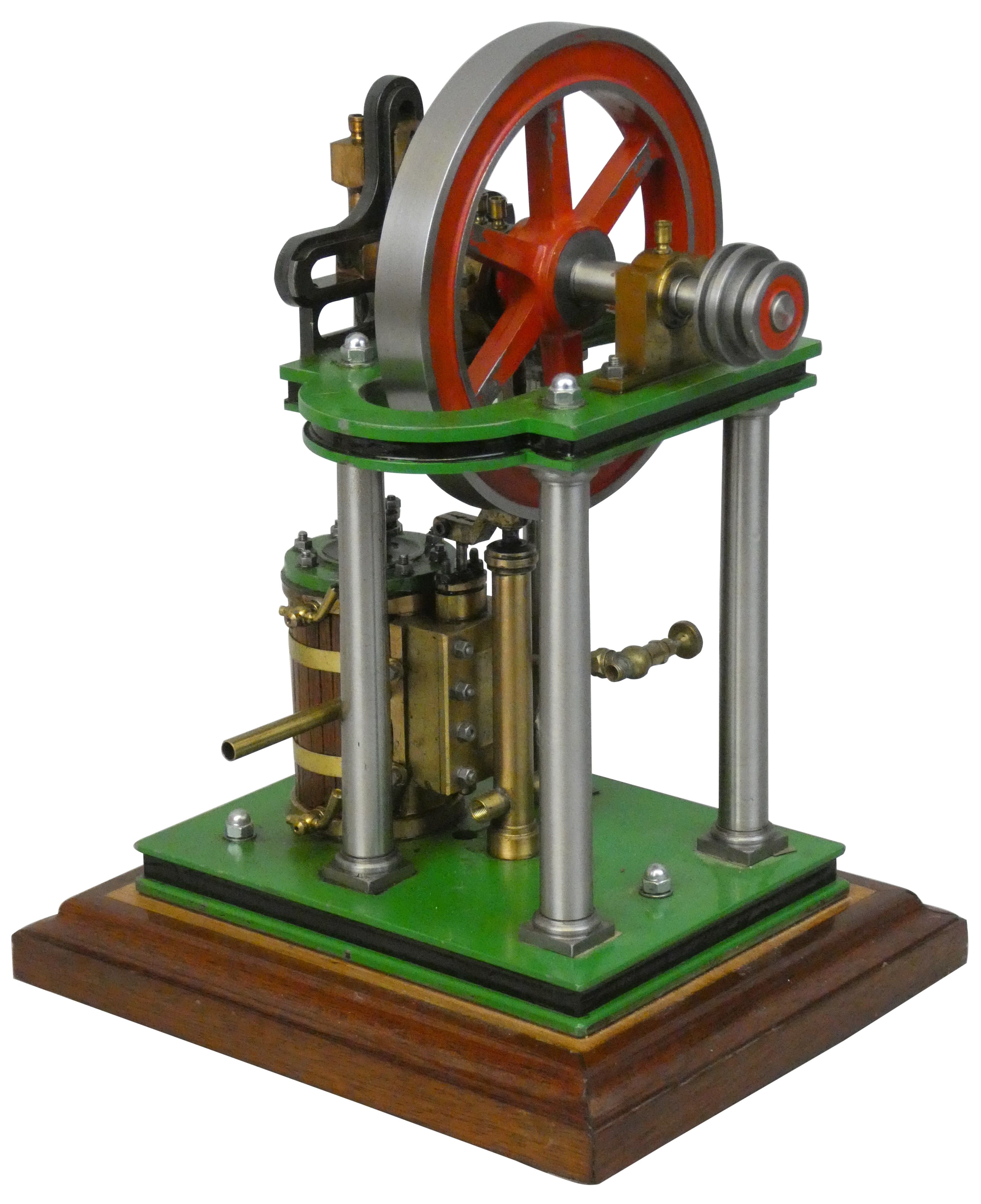 A scratchbuilt "Poly Engineering" air driven single wood clad cylinder steel and brass model cross