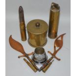 Trench art from two World Wars including a 1916 shell case as a tobacco jar with a 1915 dated lid,