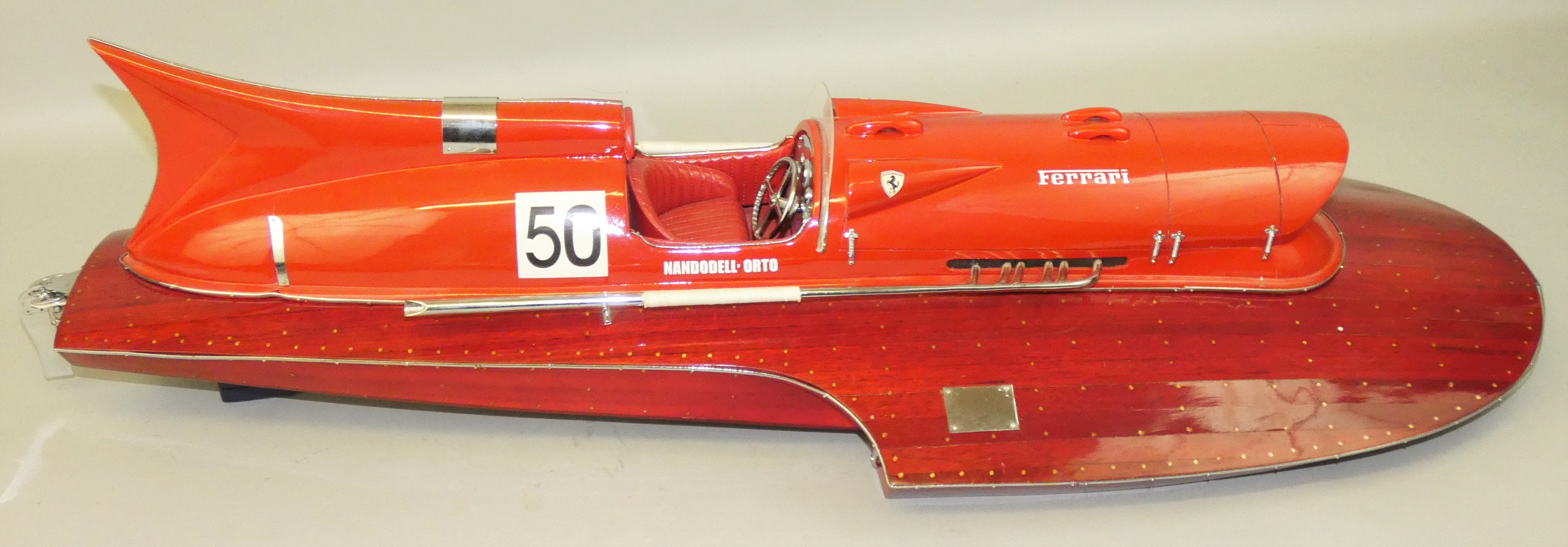 A model of Castoldi's 1953 Ferrari Hydroplane, with planked wooden hull and padded leather set. - Image 3 of 3