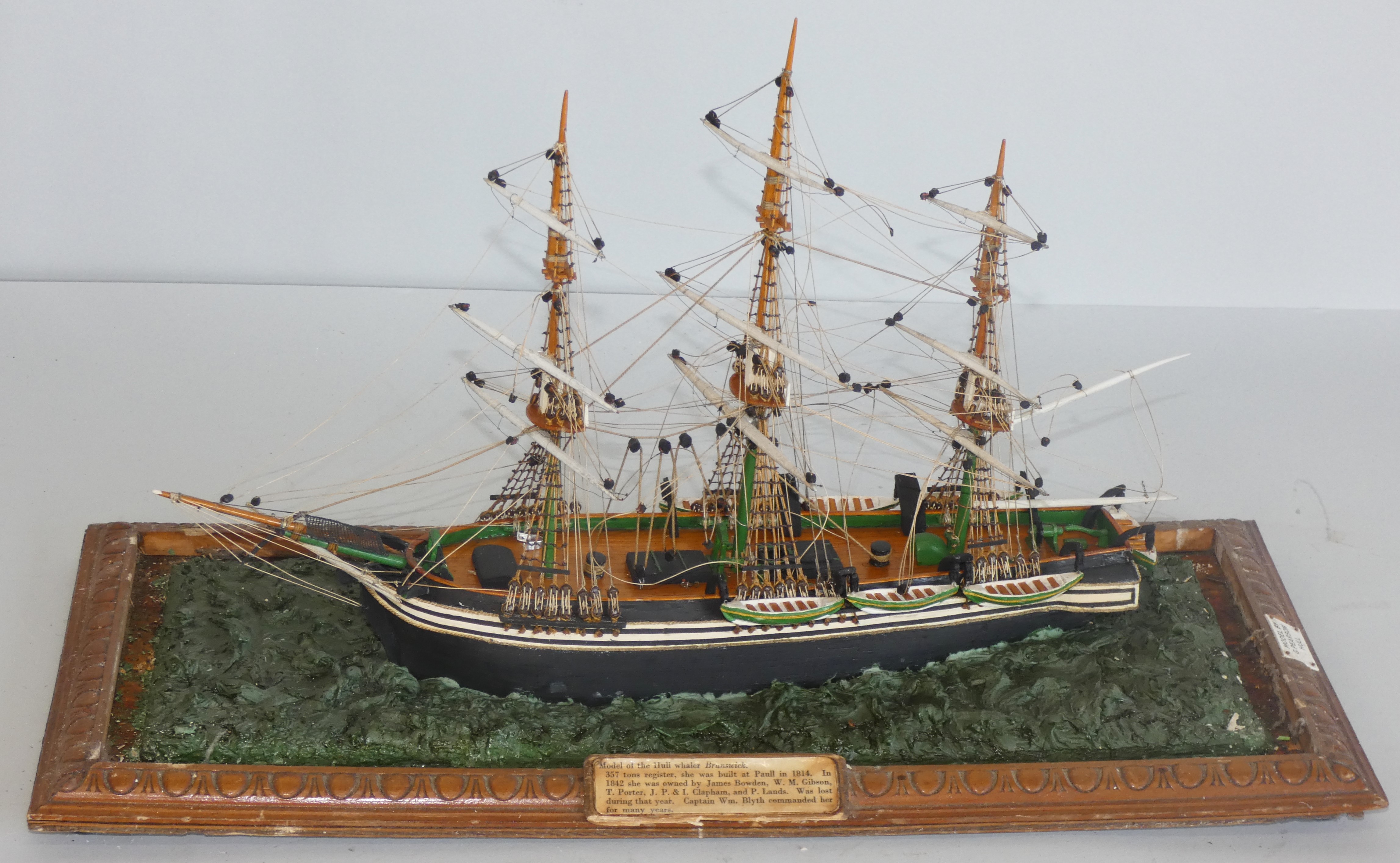G. Pearson, Hull, a wooden scratch-built model of BRUNSWICK, a Hull whaler who led the Hull fleet to