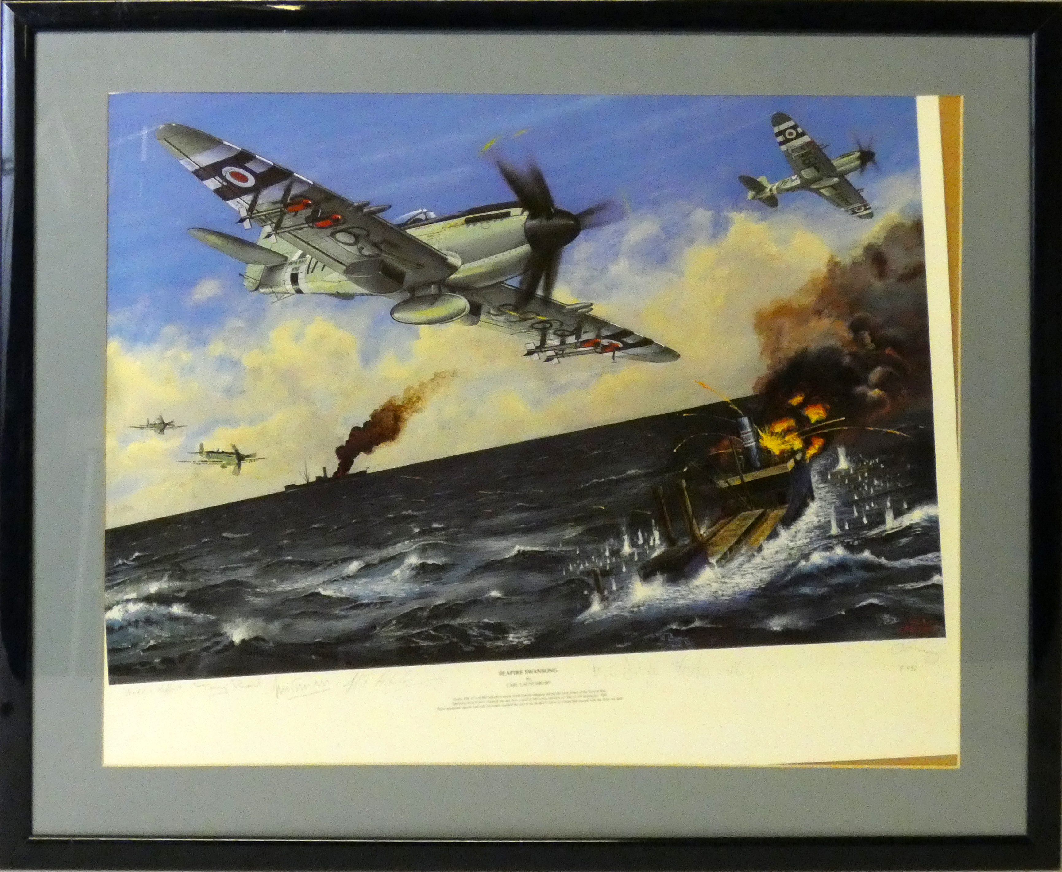 Four framed prints of Naval and RAF Aircraft, "SeaFury - MIG Encounter" by Robert Taylor signed by - Image 15 of 24