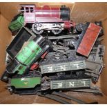 Hornby - two boxes of railway locomotives, wagons and loose track, to include 'O' gauge Hornby