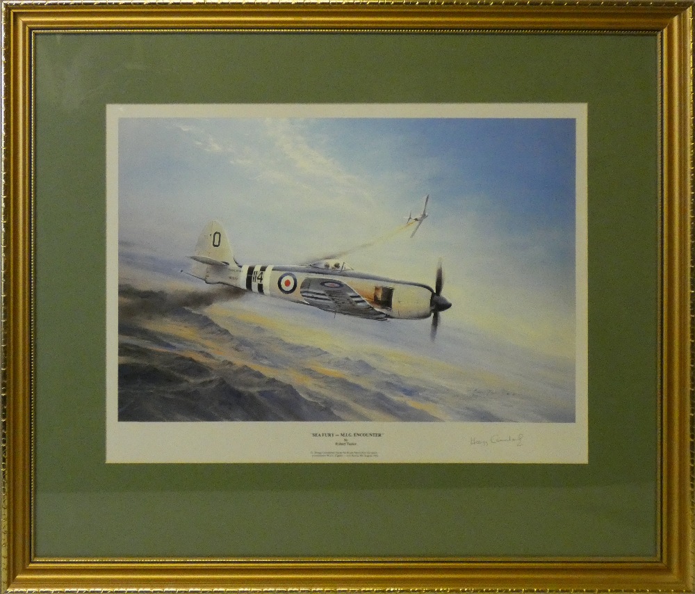Four framed prints of Naval and RAF Aircraft, "SeaFury - MIG Encounter" by Robert Taylor signed by - Image 22 of 24