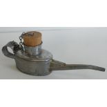 A small railway engine drivers’ oil can (ex stores), with oak stopper on metal chain, height 8.5cm.