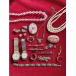 A 9ct old bar brooch, a 9ct gold stickpin, a silver and marcasite bracelet and other jewellery.
