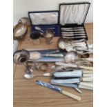 A silver christening spoon and fork, case, a silver pepper pot and other silver and plated wares.
