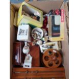 A brass mounted score board, various wooden boxes, commemorative china and a collection of 3D