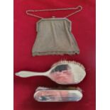 A mesh purse, unmarked, two silver mounted brushes , various handbags and compacts.