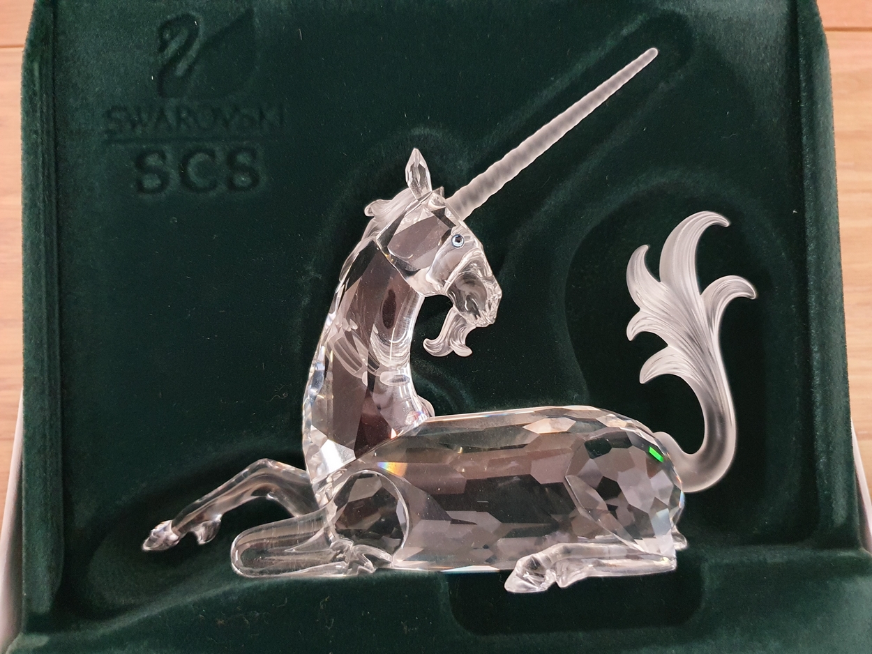 Swarovski; Fabulous Creatures, The Unicorn, 1996, certificate, box, case, stand.
