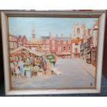 J.N. Young, Saturday Market, Beverley, oil on board, monogrammed, 34 x 42 cm and four decorative