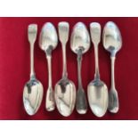 A set of 6 George III and Victorian silver fiddle pattern dessert spoons, London 2 x 1816, 4 x 1841,