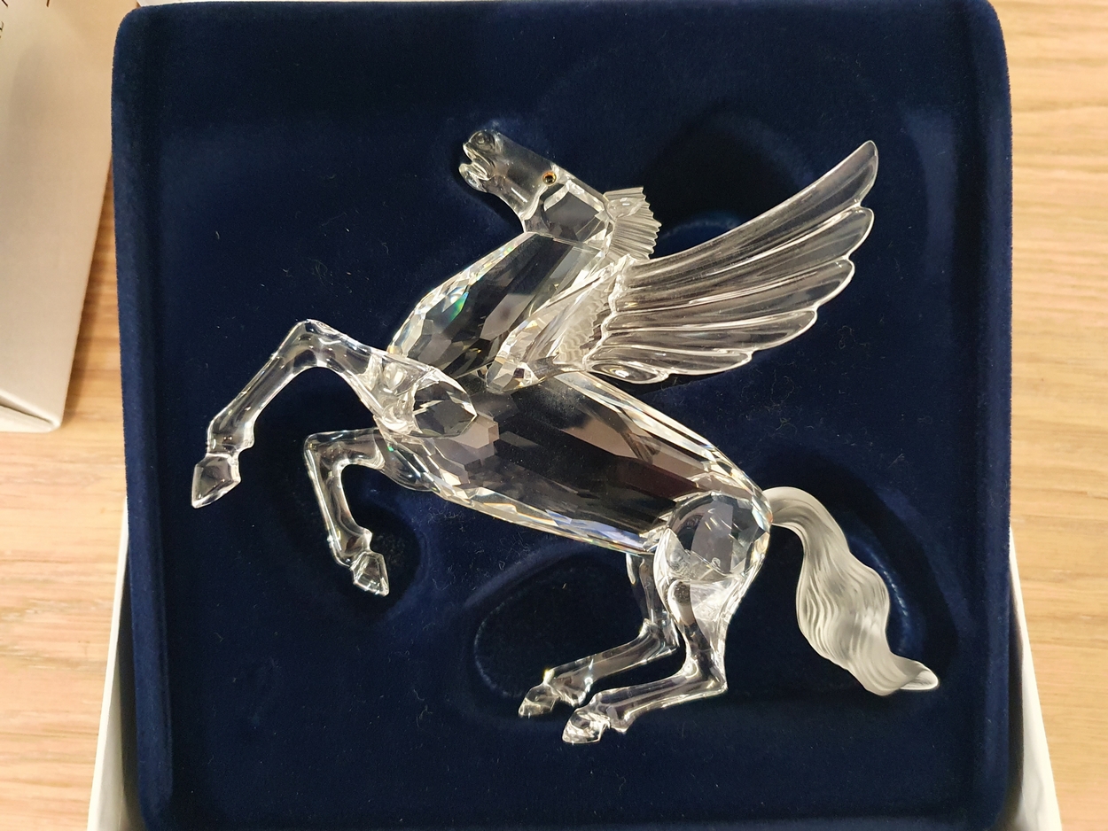 Swarovski; Fabulous Creatures, The Pegasus, 1998, certificate, box, case, stand, plaque.