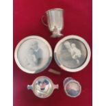 Two silver mounted photograph frames, AF, a silver christening mug Birmingham 1929 and other