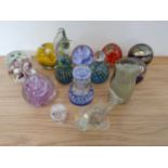 A collection of 13 glass paperweights, including CIIC and a Wedgwood owl (13)