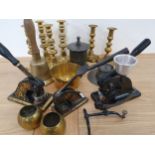 An A.R.P. 'Fiddian' hand bell, stamped J.B. 39, three Victorian paper stamps, a set of 4 brass