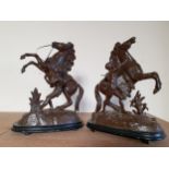 A pair of late 19th century painted spelter Marley Horses, mounted on ebonised plinths, height