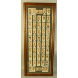 A framed collection of fifty cigarette cards featuring Cricketers of 1934, issued by John Player and