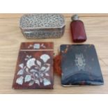 An Indian white metal trinket box, a tortoiseshell and mother of pearl card case, AF, and two