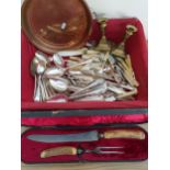 A Victorian horn handled carving set, together with various plated cutlery and other wares.