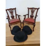 A pair of hardwood dolls armchairs, one AF, and three bowler hats, Dunn, Wain and Lincona (5).