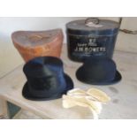 A vintage Henry Heath silk top hat, inside measurement approximately 57cm, a pair of white kid