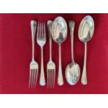 Three silver rat tail, Old English dessert spoons and forks, weight 9 oz.