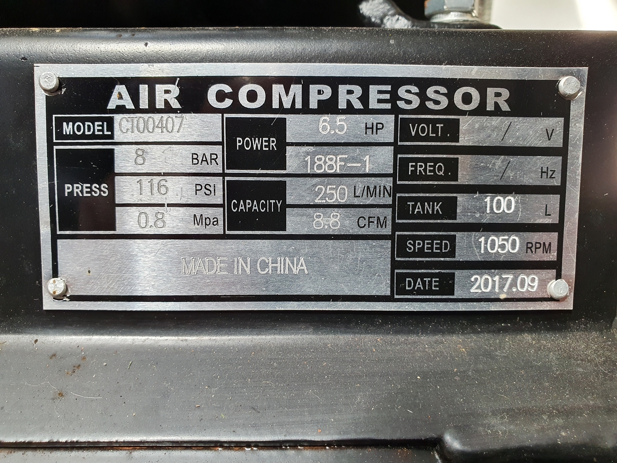 LTS UK 100lt petrol operated compressor, model CT00407, c.September 20017, 6.5hp motor, used - Image 2 of 2