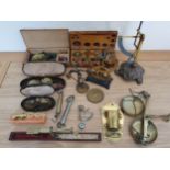 A mahogany cased guinea scale, a Harrison brass sovereign scale and other scales.