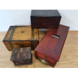 An Edwardian records till, a Victorian brass bound writing slope and two other boxes (4).