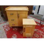 An ash bedroom cabinet, with three drawers and a cupboard, together with a matching bedside cabinet,