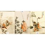 3 Chinese porcelain panels with inscriptions 34cm x 23cm