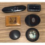 A 19th century silver mounted tortoiseshell sniff box and papier mache snuff box and other