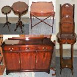 A reproduction mahogany sideboard, a mahogany shaped coffee table, a mahogany corner display