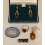 A silver and amber pendant ring and earrings and a Jasper brooch