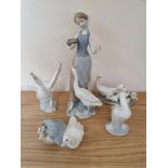 Lladro; girl with goose J26F and four goose groups (5).