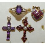 A 9ct gold garnet and pearl cross pendant, an amethyst cross pendant, a ruby and diamond heart
