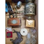A gilt pair of lorgnettes, case and brass wall mounted oil lamp and other collectibles.