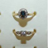 An 18ct gold sapphire and diamond cluster ring and an 18ct gold diamond single stone ring, 5.5gm
