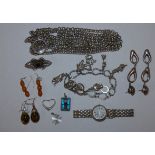 A silver and quartz wristwatch and other silver jewellery