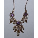 A 9ct gold amethyst and pearl floral front necklace, weight 7g